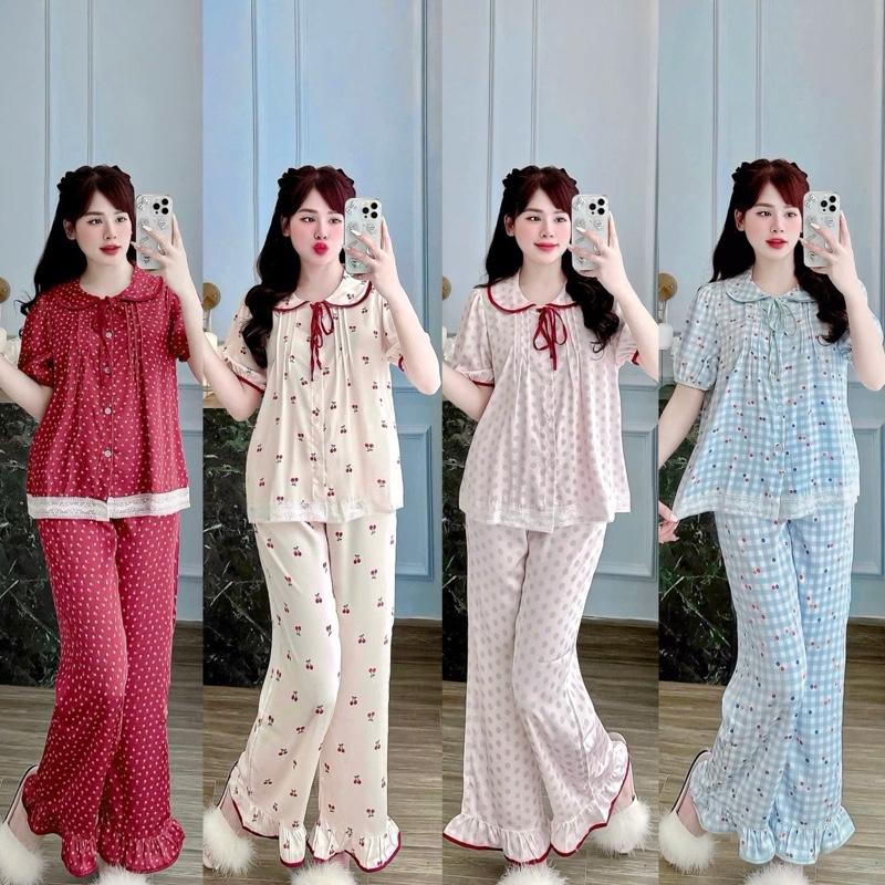 Bộ Pijama Lụa Latin Tay Ngắn Quần Dài Cổ Sen Tròn Mềm Mịn Có Dây Buộc Nơ Dáng Tiểu Thư Sang Chảnh Cho Nữ Mặc Nhà Women Áo Ngủ Quần Ngủ