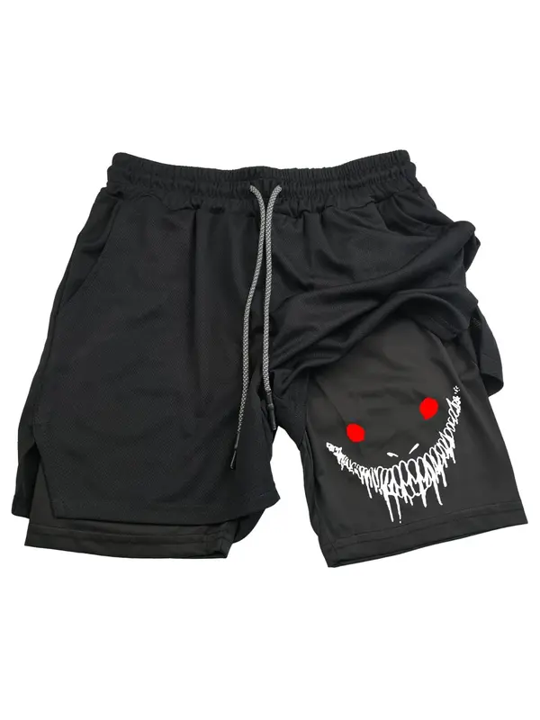 Men's Creepy Smile Face Print 2 in 1 Double Layer Drawstring Waist Gym Shorts, Casual Comfortable Breathable Quick Drying Pocket Shorts for Summer, Men's Bottoms for Workout Fitness Running 4