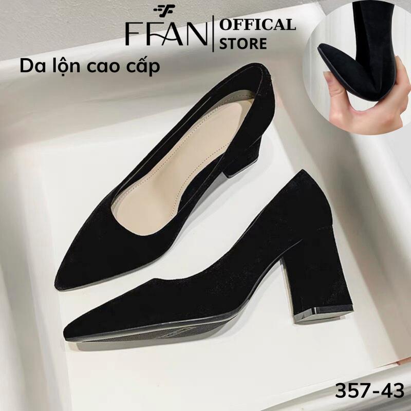 Giày cao gót mũi nhọn nữ da lộn mềm mại gót vuông 35743 FFAN STORE bít mũi 3 5 7 phân màu đen big size Cao Su Shoes