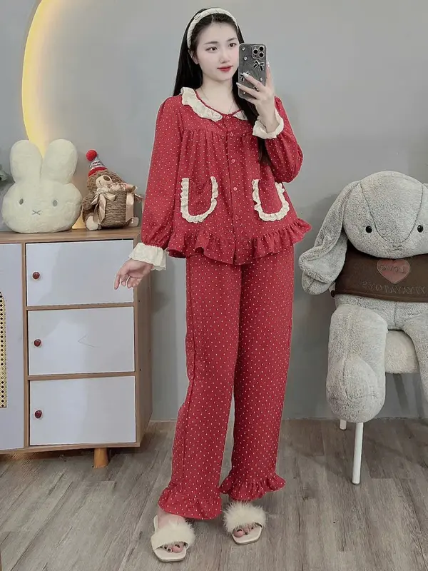 Bộ nữ mặc nhà Đũi mềm Màu Đỏ siêu dễ thương Women Áo Quần Ngủ freesize 40-60kg 3