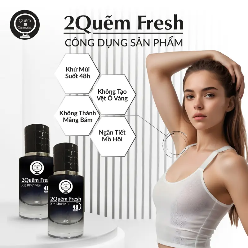 Quẽm 2 Cosmetics Xịt Khử Mùi - Ngăn Ngừa Mồ Hôi 2Quem Fresh 48h 30gr - Tặng Nước Hoa 10ml 3