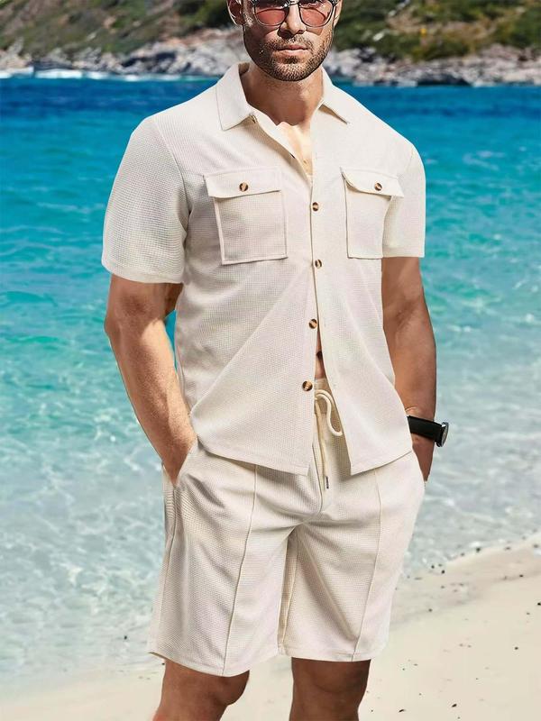 Two-Piece Set Men's Solid Color Waffle Knit Utility Shirt & Shorts, Casual Short Sleeve Collared Top & Shorts for Summer, Men's Clothes for Beach Vacation 4