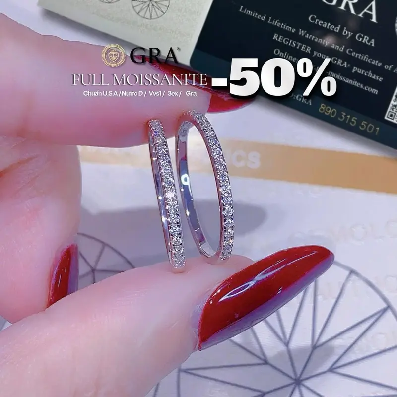 VNI003 Nhẫn kết tấm kim cương Moissanite , xi vàng trắng 4 lớp