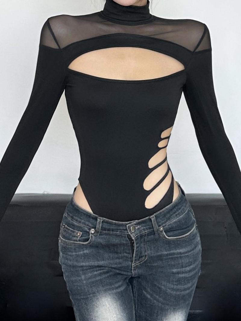 Product Introduction of Women's Cut Out Sheer Mock Neck Bodysuit, Long Sleeve Bodysuit for Party Club Dating, Ladies Clothes for All Seasons 3