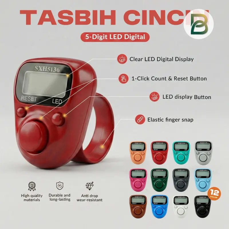 512 Alat Cincin Tasbih Digital SXH5136 Dengan LED 5-Digit Fitur Reset Keakuratan Maksimal untuk Muslim