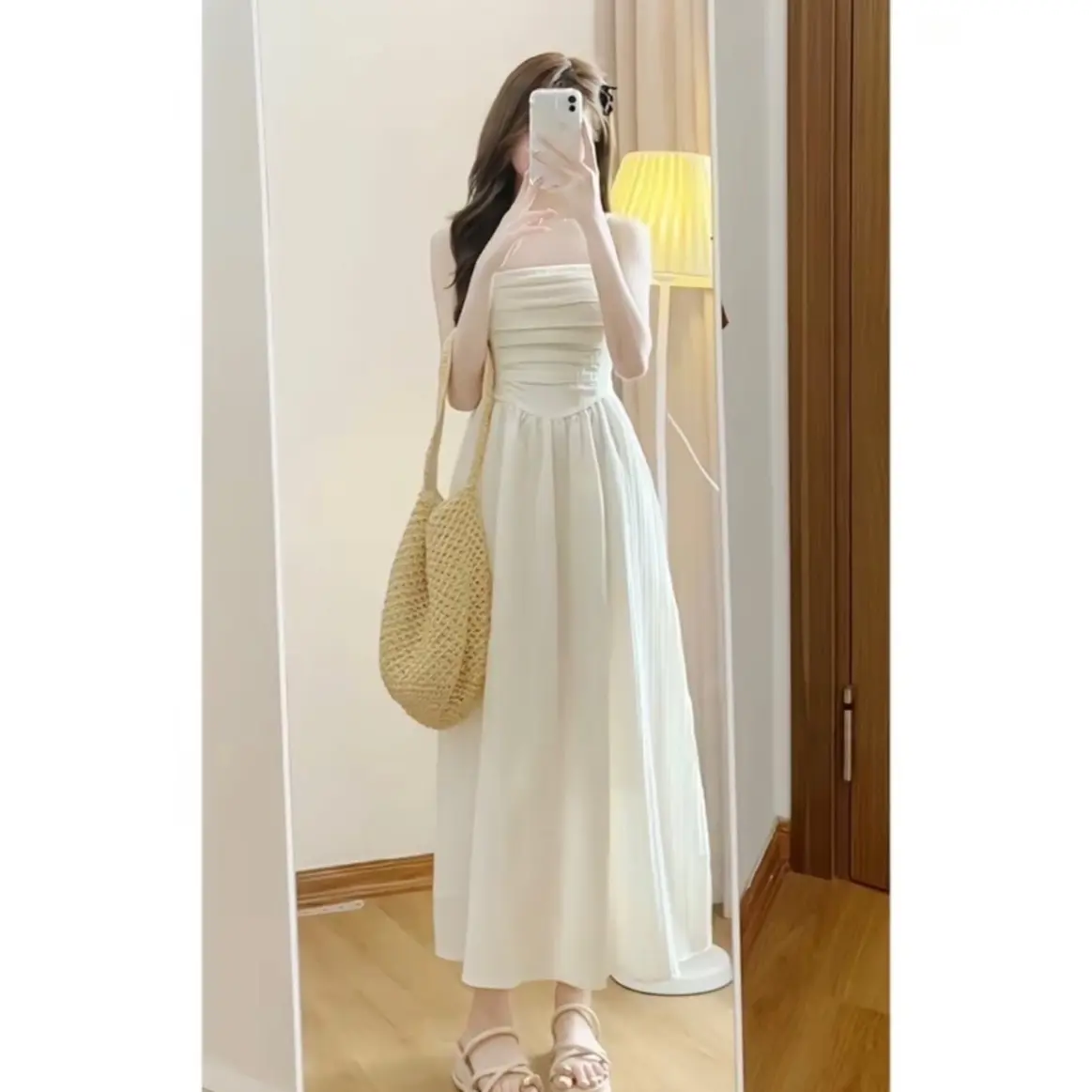 ￼Váy cúp ngực, đầm 2 dây Lou dress chất đũi gân sóng, dáng dài phong cách tiểu thư váy 2 lớp size S Nữ Women