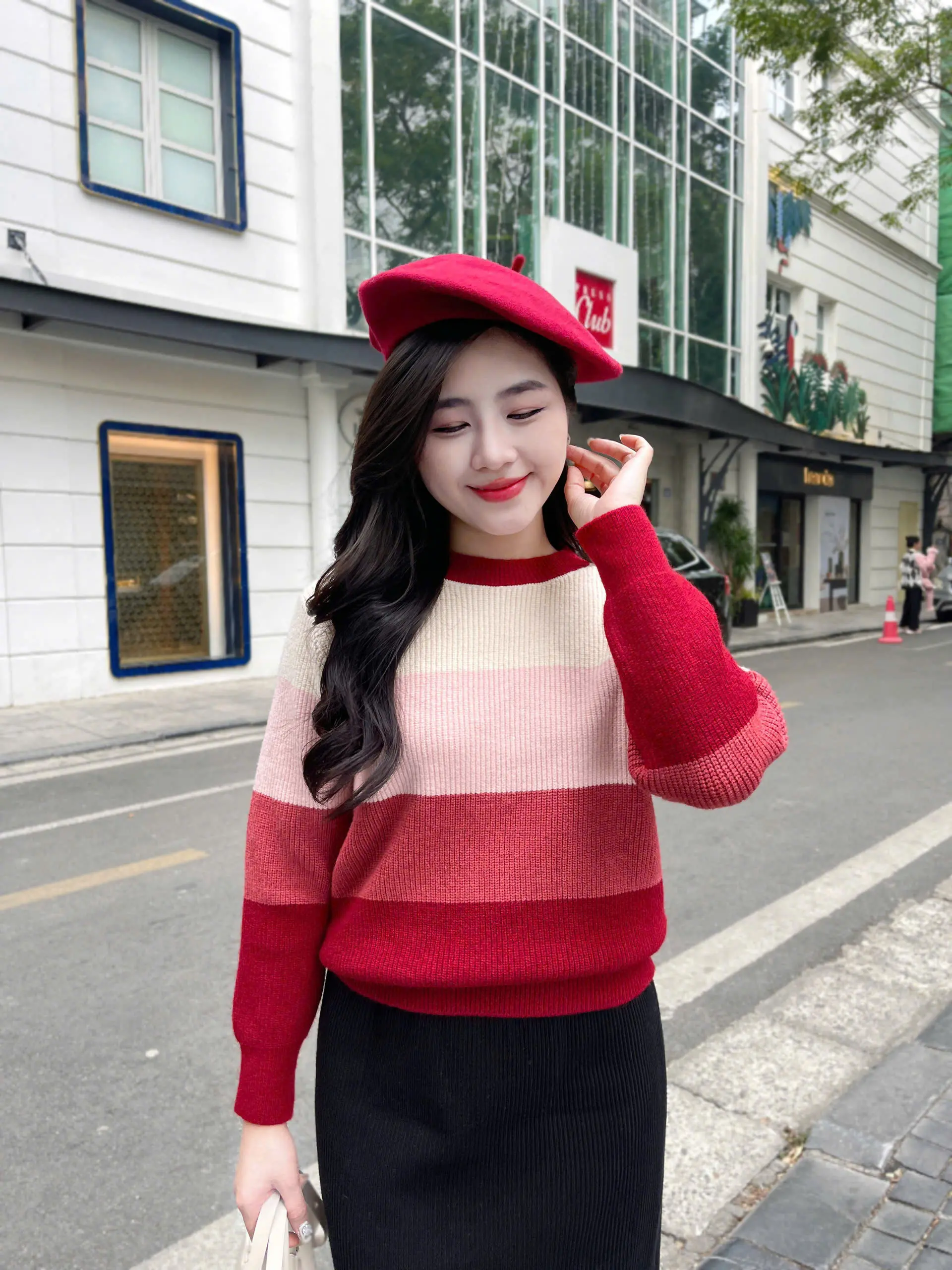Áo len kẻ ngang 308 phối nhiều màu chất len ép dày dặn kiểu dáng xuông Evalover cho nữ - Women