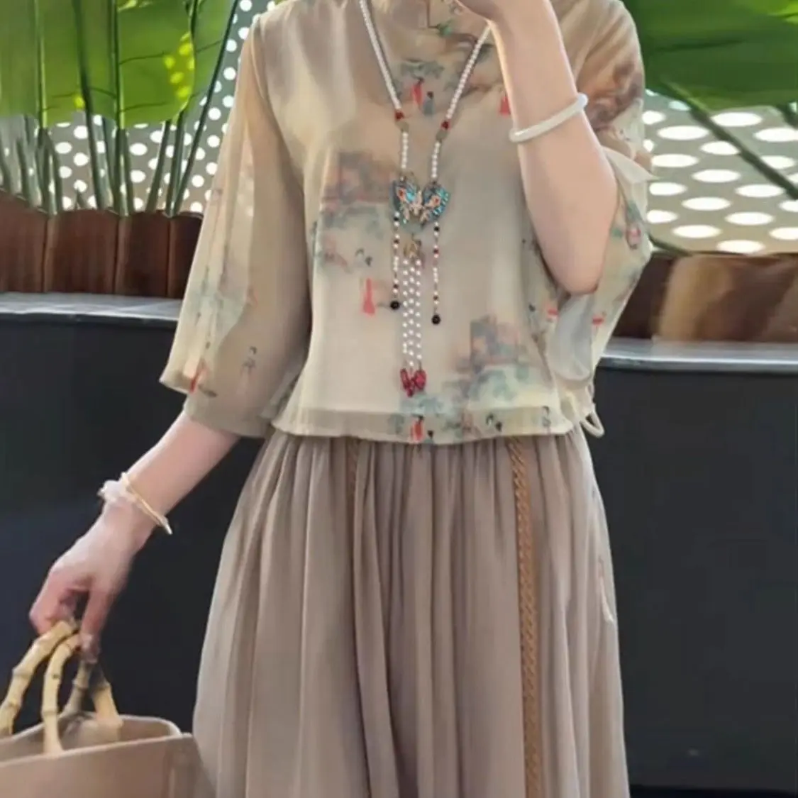 Bộ Váy Hán Phục Phong Cách Trung Quốc Cổ Điển In Chéo, Cổ Chữ V, Buộc Dây, Tay Áo 3 / 4, Tay Chuông, Hàng Mới Về Năm 2025