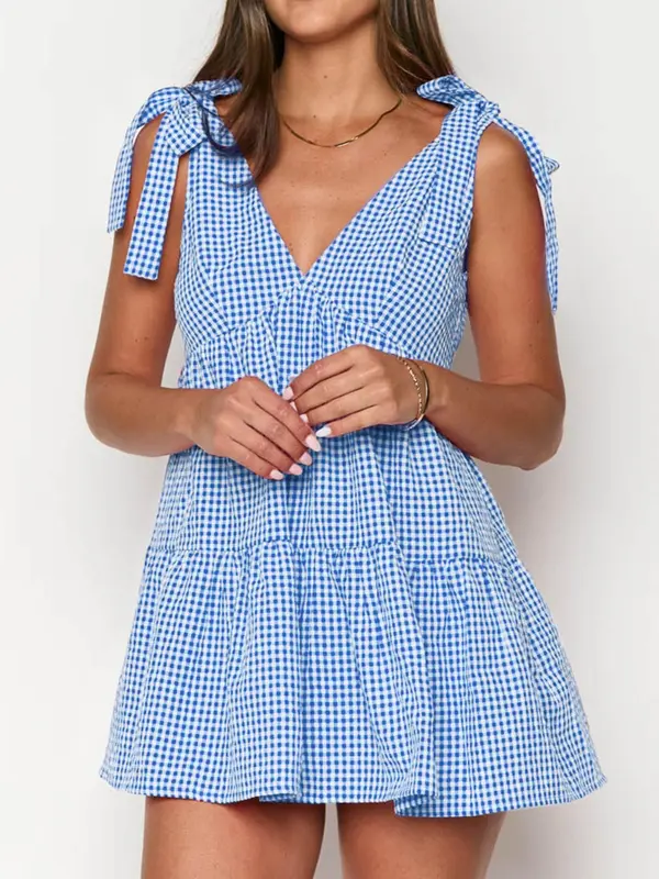 Women's Plaid Print Bow Decor Tie Shoulder Sleeveless Dress, Casual Fashion Gingham Dress for Daily Holiday Vacation Wear, Ladies Dress for Summer, Going Out Dresses, Womenswear, Casual Classy Dress, 4