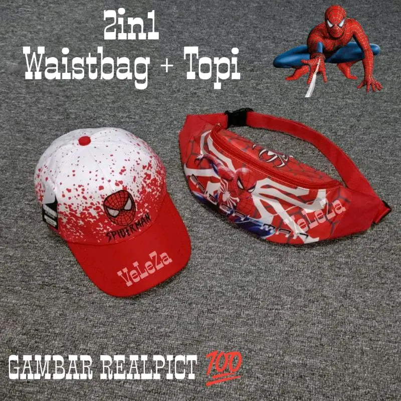 Waistbag anak laki-laki Spiderman free topi - tas anak