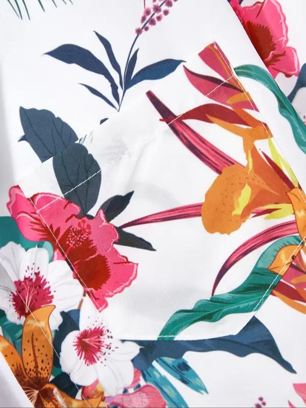 Men's Regular Fit Floral Leaf Print Pocket Button Front Shirt, Tropical Print Short Sleeve Collar Shirt, Boho Casual Men's Top for Summer Beach Vacation 8