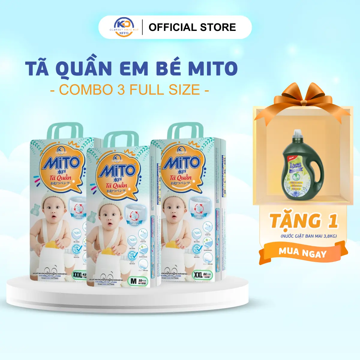 [Mua 3 Tặng 1 Nước Giặt] Combo 3 Tã Quần Em Bé MITO Siêu Mỏng Thấm Hút Nhanh Thon Gọn Thoáng Khí Chống Hăm Không Tràn Từ Size M50 đến 4XL40 Cho Bé