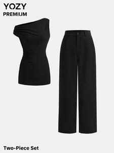 YOZY Women's Solid Asymmetrical Neck Top & Pocket Wide Leg Pants Two-piece Set, Casual Sleeveless Top & Trousers for Spring & Fall, Women's Clothes for Daily Wear