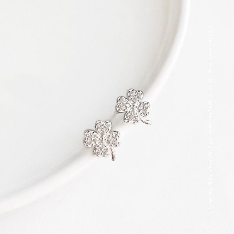  Bông tai nữ Bống Bạc mặt cỏ 4 lá đính đá xinh BT0.19 