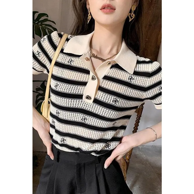 Kemeja-T Lengan Pendek, Gaya Klasik Gred Tinggi, Sweater Berjalur, Produk Jualan Panas Popular, Atasan Kolar Polo Baru Musim Panas Knitwear Tops
