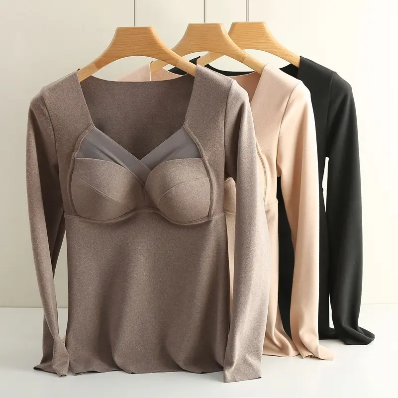 3901 Winter Warm Long Sleeves V-neck One-Piece Fixed Coaster Double-Sided Brushed Velvet Thermal Underwear for Women