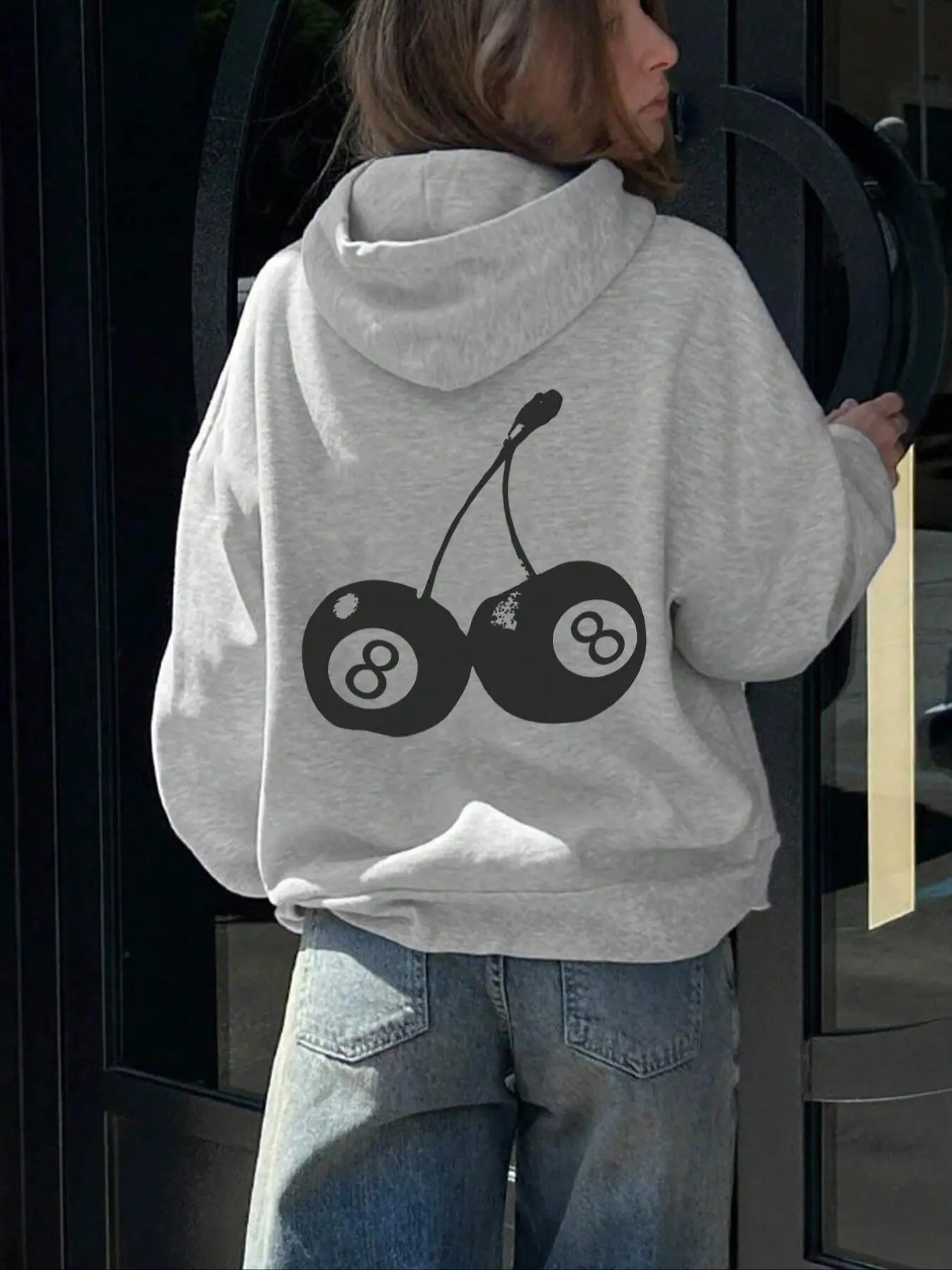 【Plus Size】 Cherry & Number Print Drop Shoulder Hoodie, Fashion Casual Drawstring Pocket Hooded Sweatshirt for Daily Holiday Outdoor Wear, Women Clothing for Fall & Winter