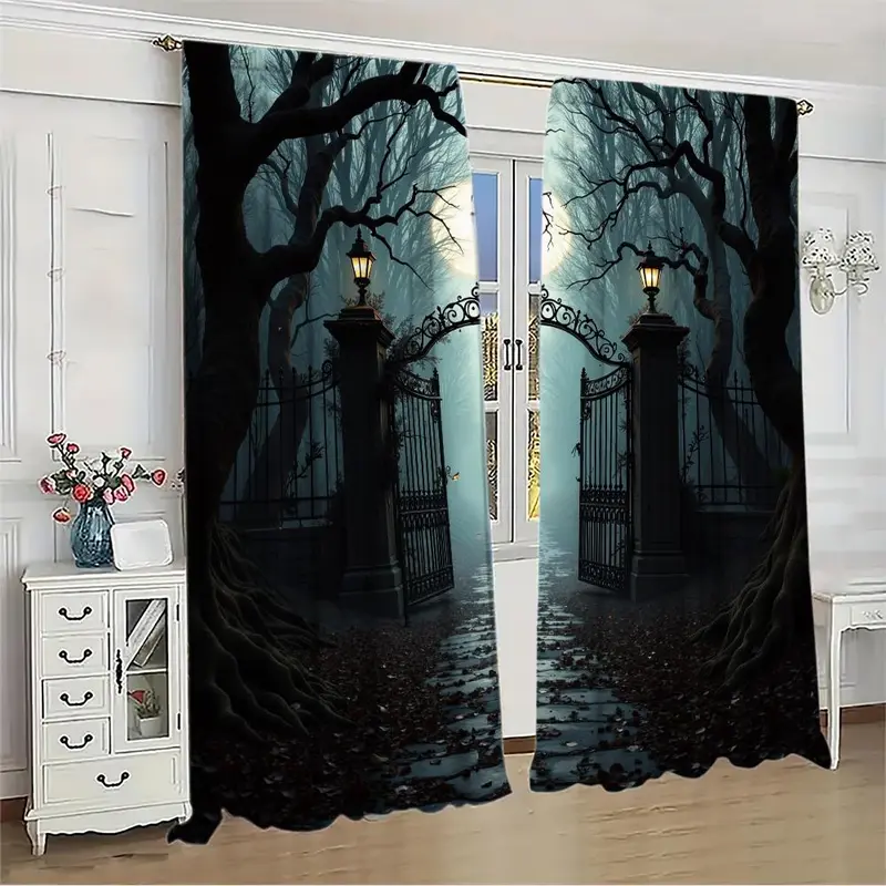Moonlight Forest Pattern Door Curtain, 1 Set Halloween Themed Door Curtain, Home Decor for Living Room Bedroom, Vanity Decor Accessories 4