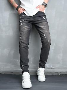 Men's Solid Color Ripped Slim Jeans, Casual Comfy Denim Pants for Daily Wear, Fashion Men's Bottoms for All Seasons, Cotton