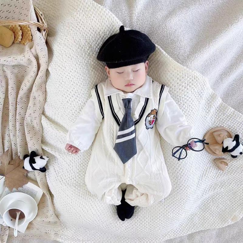  Body công tử dài tay vải len Bodysuit cho bé trai mặc dự tiệc thôi nôi đầy tháng Áo liền quần CÀ VAT Kem SLT169 