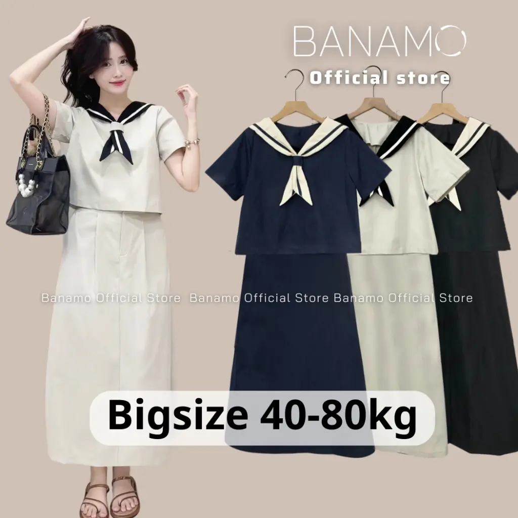 Set nữ BIGSIZE Banamo Fashion áo nữ cổ thủy thủ cộc tay kèm khăn mix chân váy dáng dài siêu xinh 187 Women Dress