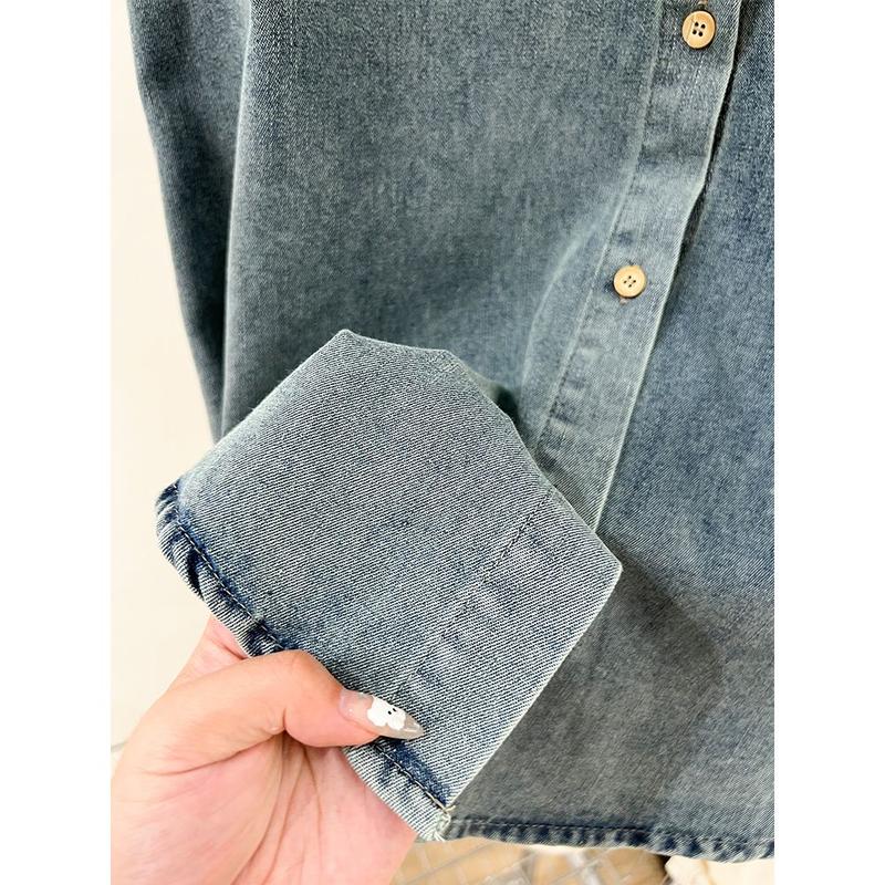 Áo Sơ Mi Denim ngắn Tay Thêu Màu Xanh Dương, Dành Cho Nữ, Phong Cách Mùa Hè, Cổ Polo Cổ Điển Hàn Quốc, Dáng Rộng Vừa Vặn, Áo Cánh Thanh Lịch, Hàng Đầu, HK 3