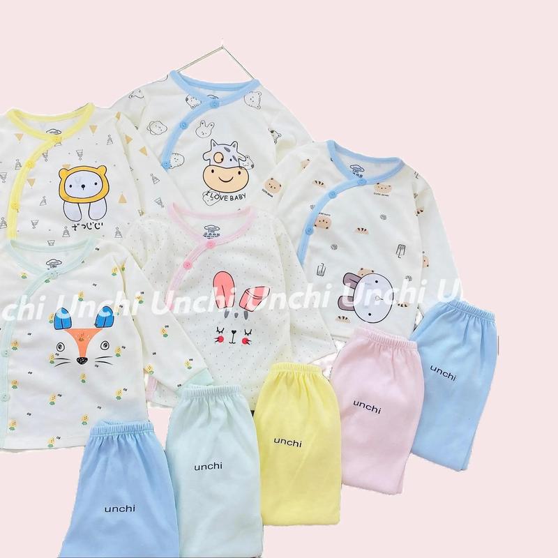  Bộ quần áo dài tay nỉ UNCHI zip lông cài chéo mềm mịn cho bé trai bé gái sơ sinh 0-9m 