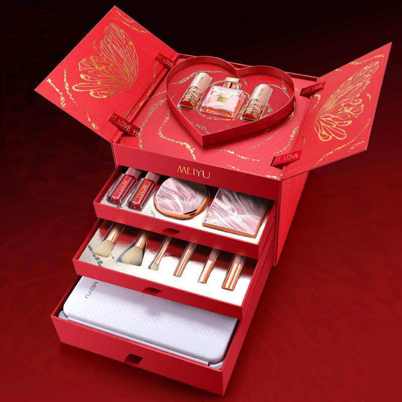  Bộ quà tặng trang điểm 14 món Meiyu đỏ 4 tầng có son  nước hoa phấn nước phấn phủ cọ 4 cây gương led cảm ứng mascara Son Kem Kem Nền Cosmetic Mỹ Phẩm 