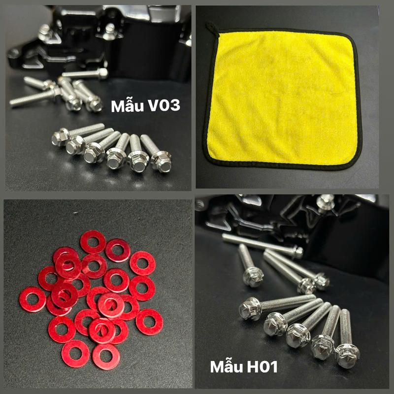 (Bộ) ốc lốc máy inox 304 (Mẫu V03 _ Mẫu H01) tặng kèm khăn và lông đền đỏ lốc máy Phụ Kiện Phụ Tùng xemay ốc inox