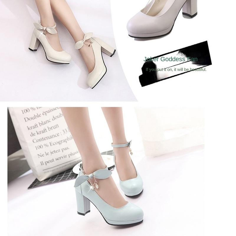 Product Introduction of Spring 2024 New Korean Style Sweet Low-Cut Pumps Women's Mid Heel Chunky Very High Heel Shoes with Buckle All-Matching Women's Fashion Shoes 8