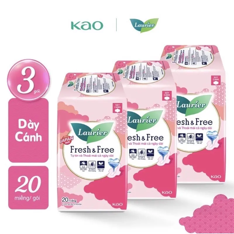 Combo 3 băng vệ sinh Laurie Fresh&Free Dày có  cánh (gói  lớn 20miếng)