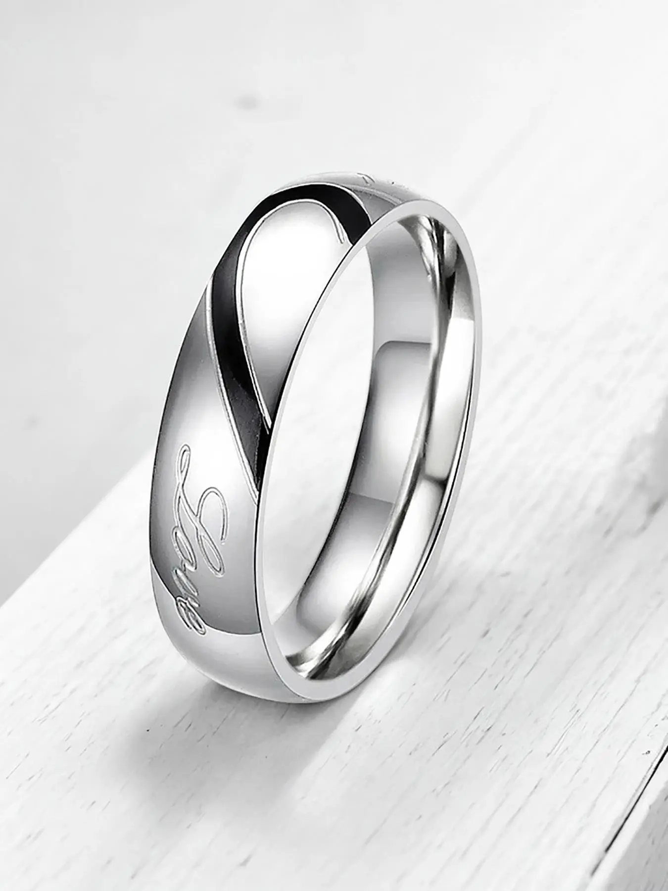 Fashion Letter Pattern Half Heart Shaped Stainless Steel Ring, Men's Elegant Accessories, Daily Clothing Decor For Boy, Valentine's Day, Gift