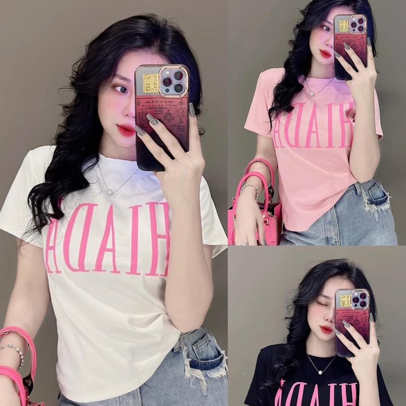  Áo thun nữ PHOM ÔM phối chữ nổi   Mã HIADA   Có Size 40kg - 60kg Top Women Cổ Tròn 