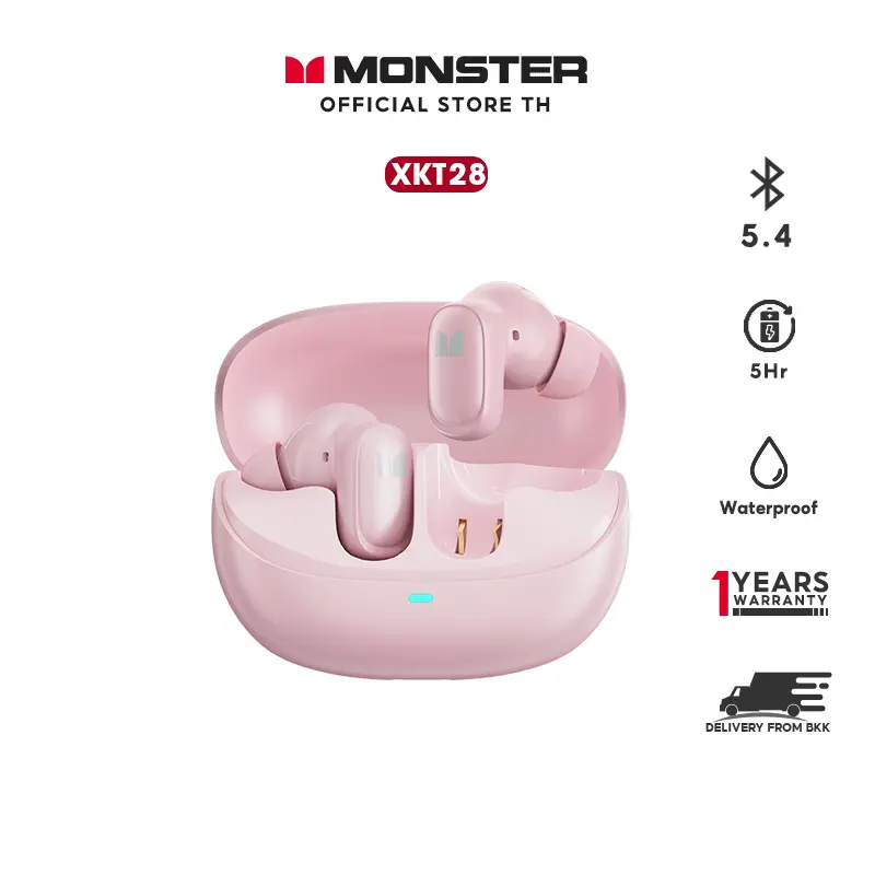 Monster XKT28 Bluetooth wireless headset บลูทูธ5.4 หูฟังไร้สายบลูทูธ หูฟังเล่นเกมส์ไม่ดีเลย์ เบสแน่น สีชมพู สีดำ สีครีม