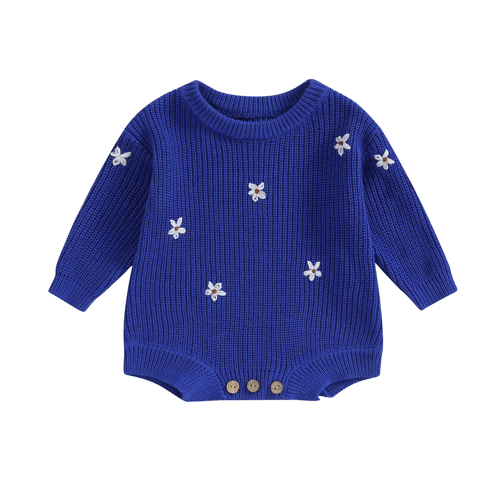 Infant Baby Girl Knitting Jumpsuit Flower Embroidery Round Neck Long Sleeve Romper for Fall Winter