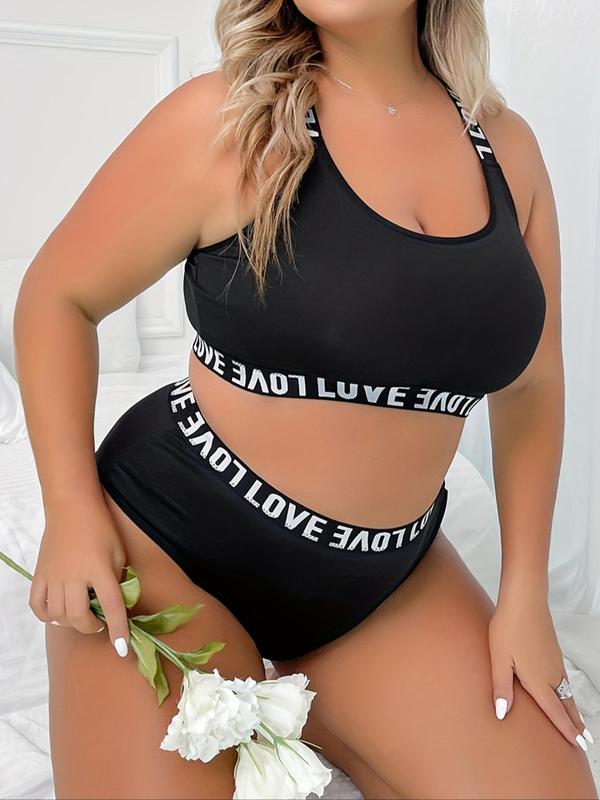 【 Plus Size】 Two-piece Set Letter Tape Criss Cross Cut Out Bra & Knicker, Casual Comfy Breathable Fashion Underwear Set for Daily Wear, Women's Underwear for All Seasons, Clothing 7