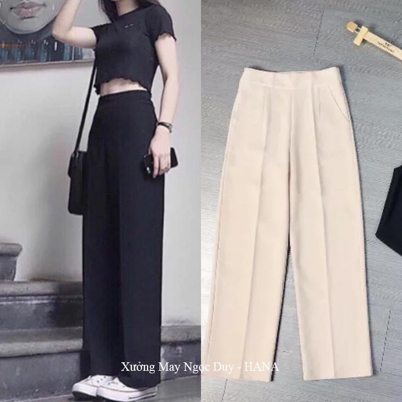 Quần ống rộng khóa sườn hông lưng cao duyên dáng quần tây khóa sườn ống suông rộng dài màu Đen vải mềm dày đáy cao
