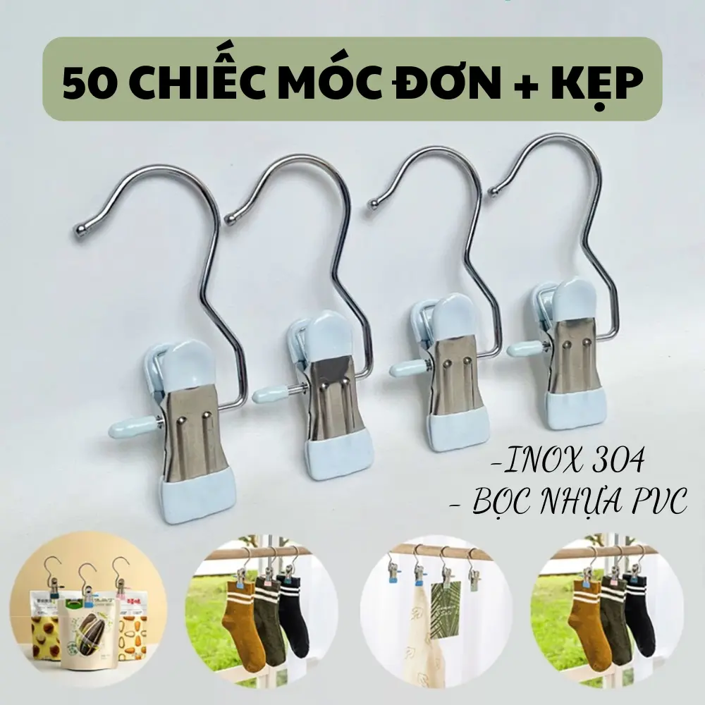 50 Chiếc móc inox chống gỉ kẹp đơn, móc quần áo, tất vớ, móc bọc nhựa PVC siêu bền