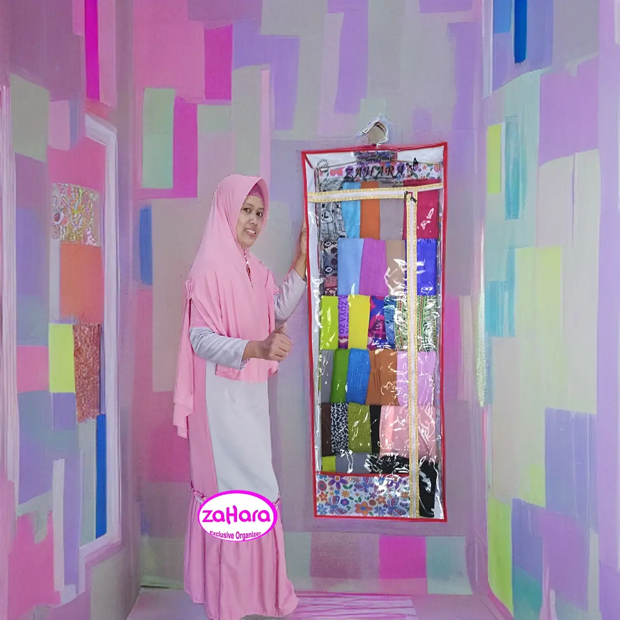 RAK JILBAB ZAHARA PREMIUM  MERAH FLOWER Plastik Dengan Full terTutup, Aman untuk Penyimpanan Jilbab