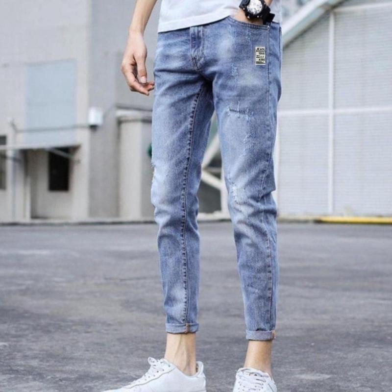 Quần jean dài nam trơn xước nhẹ màu xanh không rách nhạt Q21 form skinny mới chất bò co dãn Menswear Pants Có Túi