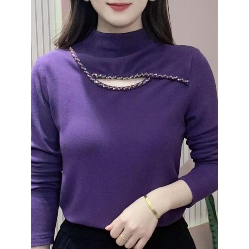 Áo Lớp Nền Hàng Mới Về, Dành Cho Nữ, Nhung Hai Mặt, Cao Cổ, Thanh Lịch, Áo Sơ Mi Giữ Nhiệt, Áo Thun Dài Tay, Có Thể Mặc Ngoài Trời, Thoải Mái Và Thường Ngày Top Women 1