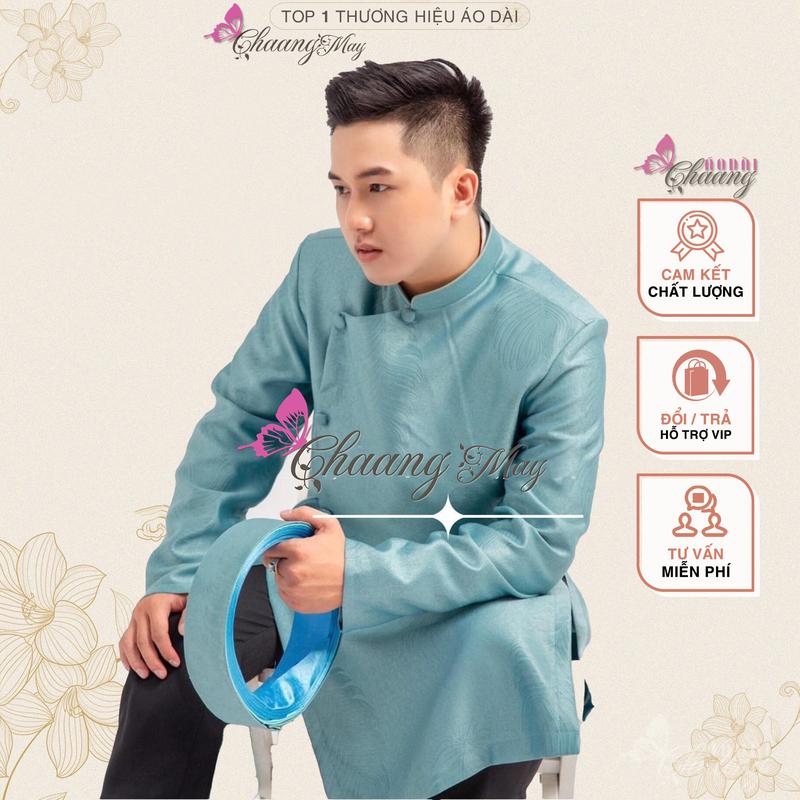 Áo dài cách tân nam xanh đá ngọc truyền thống Chaang May sẵn ADC132 vải gấm da be kem đỏ đô dáng dự tiệc cưới lễ tết đẹp Menswear - TẶNG KHĂN XẾP