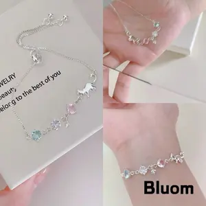 [Bluom] Gelang Logam Perak Desain Kucing Dan Bintang Batu Zirkon Warni Rantai Dapat Diatur Q304