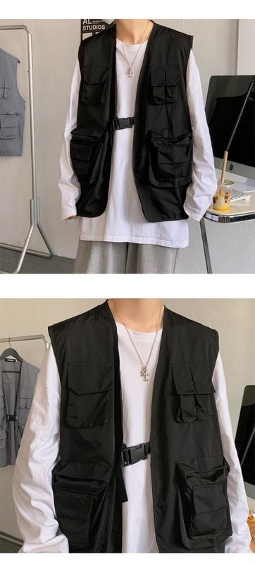 Product Introduction of Spring and Autumn Ins Mechanical Style Work Vest Vest Man Loose Hong Kong Style Fashion Brand All-Matching Multi-Pocket Sleeveless Jacket 4