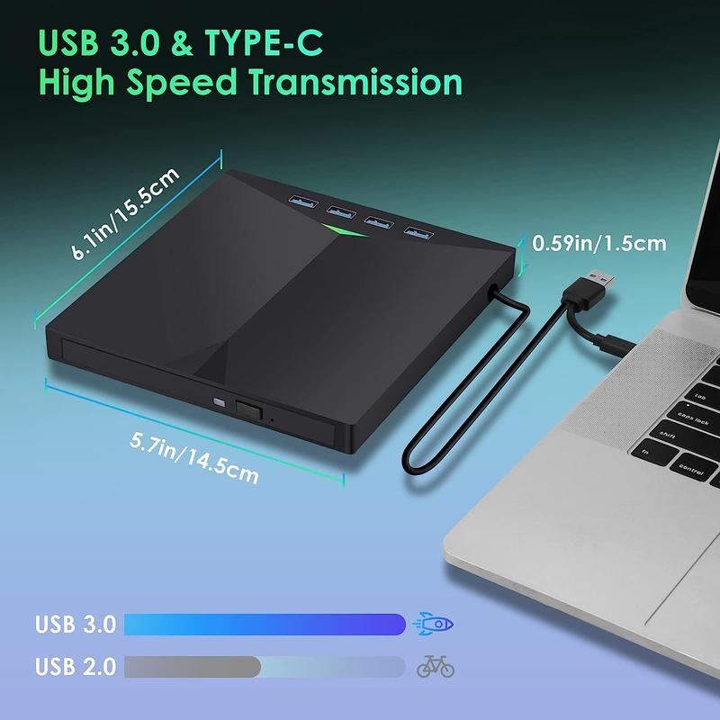 Product Introduction of [7 In 1] External CD/DVD Drive For Laptop, USB 3.0 Type C DVD Player Portable CD/DVD Burner, CD ROM External DVD Optical Drive Compatible With Laptop Desktop PC Windows 11/10/8/7 Linux OS 2