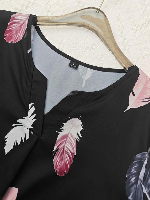 【Plus Size】Feather Print Notched Neck Blouse, Casual Long Sleeve Top for Spring & Fall, Women's Clothes for Daily Wear 5