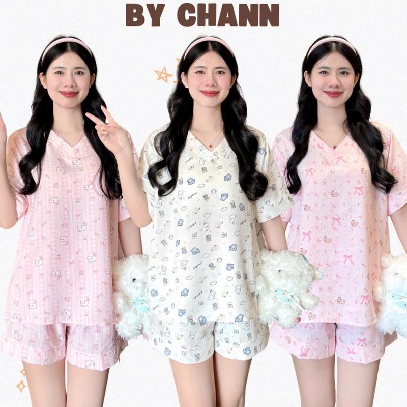 Bộ Đồ Ngủ BY CHANN (Bộ Cổ V) nhiều hình dễ thương mặc nhà mùa hè, chất liệu đũi mềm (có size đến 80kg)