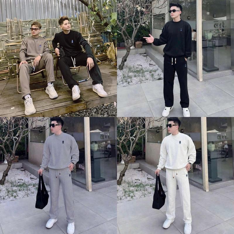 Bộ Quần Áo Nỉ Dài Tay Cổ Tròn Thêu Logo Quần Suông Nam Nữ - Sét Mùa Đông Dày Dặn