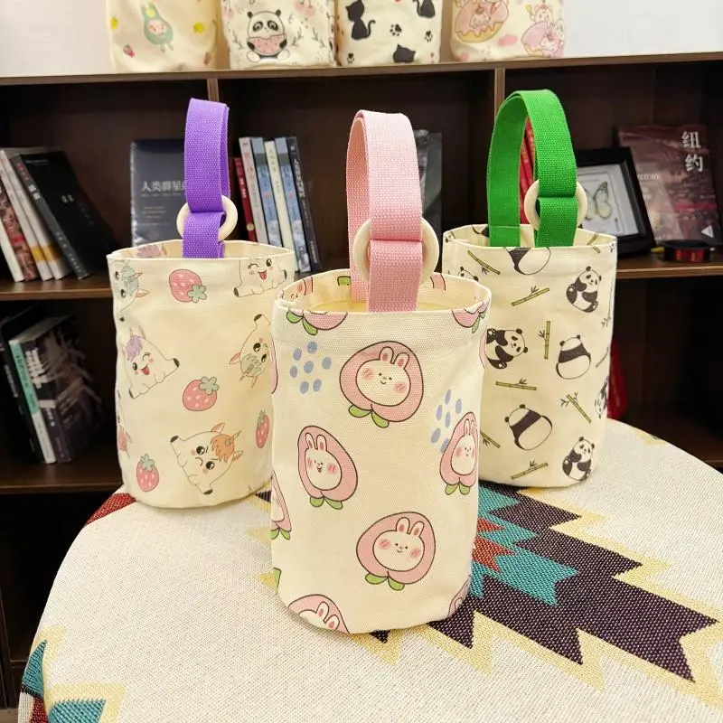 Túi vải canvas đựng bình ly giữ nhiệt có quai xách cute, Túi đựng bình hoạ tiết hoạt hình gấu trúc xinh xắn 6