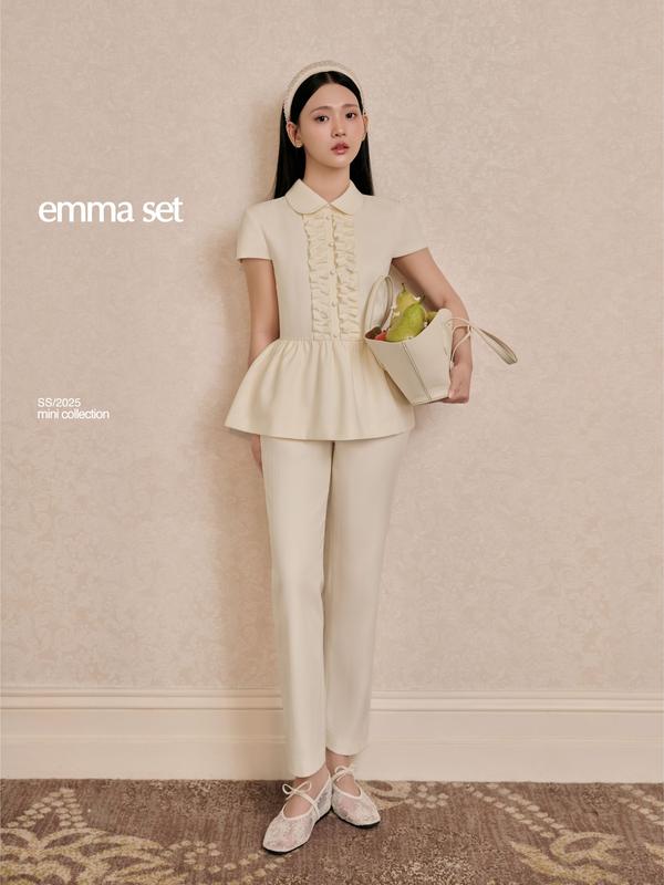 JOIE DES ROSES - Set áo kiểu tay ngắn cổ sen phối bèo và quần baggy ống côn EMMA